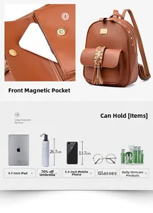 Brown PU leather backpack detail showing large capacity for 9.7 inch iPad and daily items