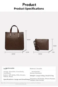 Brown checkerboard tote bag dimensions and structure details with removable pouch