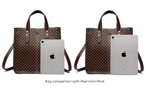 Brown checkered tote bag size comparison with iPad mini and 10.2 inch tablets