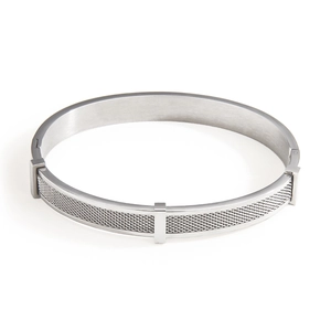 Minimalist silver mesh stainless steel bracelet with three square metal accents