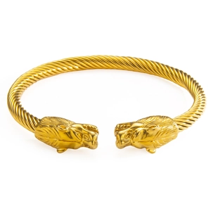Bracelet câble plaqué or 18 carats avec doubles têtes de loup et ouverture réglable rétro