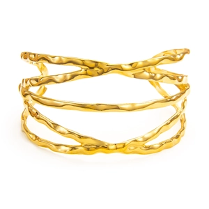 Bracelet jonc ouvert en acier inoxydable plaqué or 18 carats aux lignes ondulées