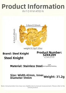 Macro detail of vintage floral relief bangle with size specs and stainless steel texture