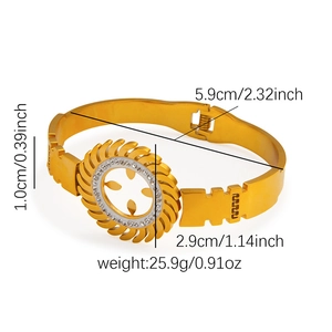 Detailed dimensions of gold stainless steel bangle with crystal sunburst design