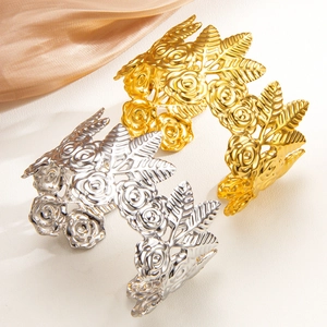 Vintage Rose Flower Cutout Cuff Bracelet Stainless Steel Gold Silver Plated Wide Adjustable Bangle For Women Party Jewelry