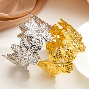 Elegant 18k gold and silver rose flower hollow cuff bracelet with adjustable wide band design