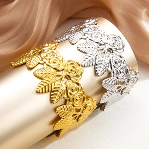 Exquisite 18k gold and silver floral embossed wide open bangle with rose vine patterns