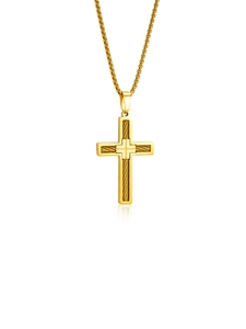 Vue détaillée du pendentif croix en or 18k avec texture tressée et chaîne maille