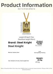 Detailed view of The Hierophant tarot pendant dimensions and polished stainless steel chain