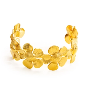Bracelet jonc ouvert élégant en forme de couronne de fleurs dorées aux pétales détaillés