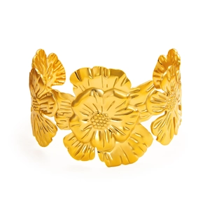 Vintage gold embossed flower cuff bracelet made of titanium steel with adjustable opening