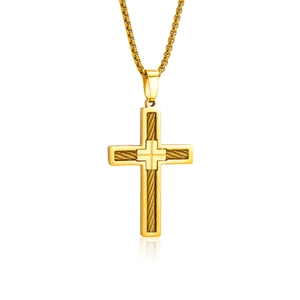 Collier avec pendentif croix en acier inoxydable plaqué or 18k et texture câble