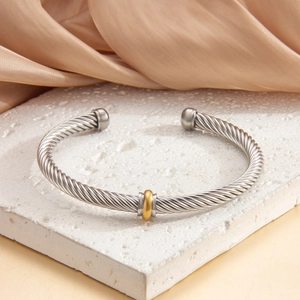 Cable Twist Cuff Bangle Stainless Steel Bicolor Gold Silver Color Adjustable Bracelet For Women Elegant Jewelry