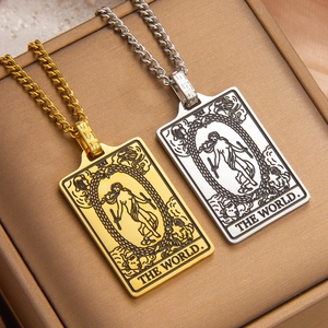 Gold and silver tarot The World card pendants with Greek key bail on Cuban chain