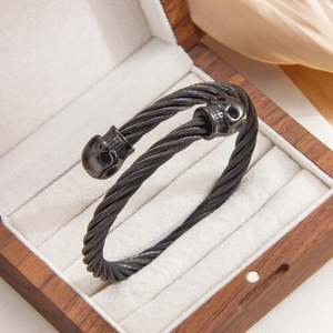 Stainless Steel Skull Cuff Bracelet Twisted Cable Wire Bangle Punk Gothic Adjustable Jewelry For Men Halloween