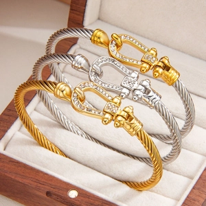 Bracciale Rigido In Acciaio Inossidabile Da Donna Con Fibbia A Ferro Di Cavallo Design A Cavo Intrecciato Con Strass