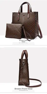 Detail of dark brown tote bag set featuring geometric patterns and matching pouch