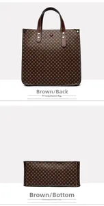 Detailed back and bottom views of brown synthetic leather tote bag with geometric pattern