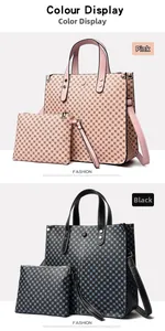 Detailed color display of pink and black patterned tote bag and clutch set with shoulder straps