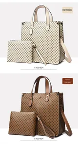 Detail of vintage tote bag set with monogram print and metal rivets in beige and brown