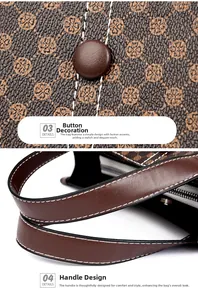 Detail of dark brown vintage monogram tote bag featuring round buckle and stitched leather handle