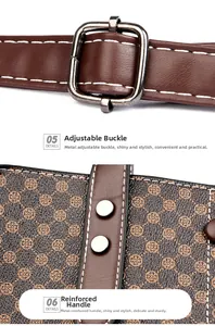 Detail of vintage brown tote featuring adjustable silver buckle and reinforced handle
