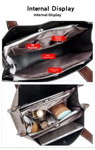 Detailed interior of a vintage brown checkered tote bag with multiple storage pockets