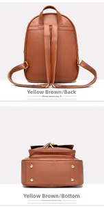 Detail view of the yellow-brown backpack featuring golden base studs and a back zipper pocket