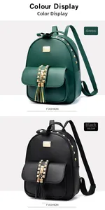Detail view of mini leather backpacks with gold rivets and tassels in green and black colors