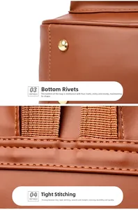 Detail of reinforced bottom gold rivets and precision stitching on brown leather backpack