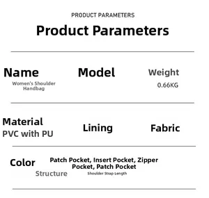 Detailed spec sheet showing material, weight, and strap length for women shoulder bag