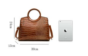 Brown crocodile embossed tote bag size chart showing dimensions 30cm x 24cm x 13cm
