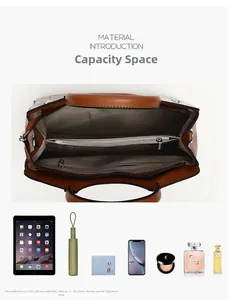 Top view of brown tote bag interior compartments showing space for iPad and daily essentials