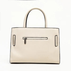 Chic beige crocodile embossed handbag with black trim and convenient rear zipper pocket