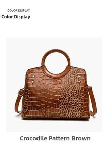 Detail of glossy brown crocodile embossed texture on a chic women's handbag with rivets