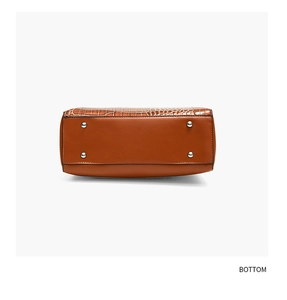 Detail of the brown crocodile embossed handbag bottom with four protective silver feet