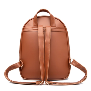 Classic brown synthetic leather backpack with top handle and adjustable gold buckles