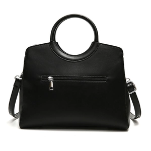 Large black textured faux leather tote bag with silver zipper and circular top handle
