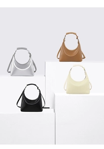 Detailed display of crescent Hobo bags in silver, brown, black and cream leather