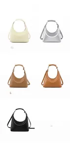 Matrix display of five textured leather hobo bags in white, silver, khaki, brown, and black