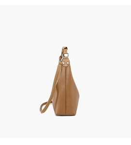 Detail view of brown pebbled leather shoulder bag showing side profile and silver metal ring