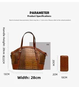 Detailed dimensions of brown crocodile pattern handbag and matching long wallet set