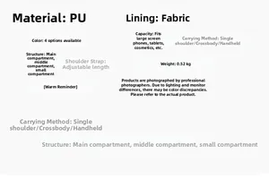 Detailed specifications of the PU leather handbag including capacity, weight and multi-carry options