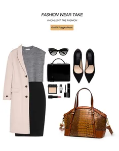 Flat lay of brown crocodile embossed handbag styled with pink wool coat and accessories