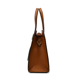 Brown faux leather tote bag with sturdy handles and side D-rings for shoulder straps