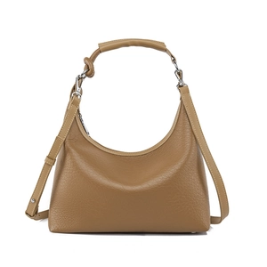 Minimalist camel leather hobo bag with knotted handle and detachable shoulder strap