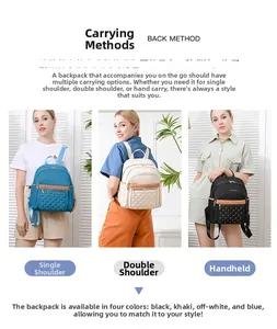 Three-way carry demonstration of oxford fabric backpack in blue, cream, and black colors