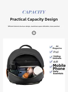 Internal view of a black oxford backpack showing organized capacity with umbrella and phone