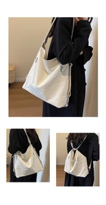 Detail view of large cream canvas bag converting from shoulder strap to backpack
