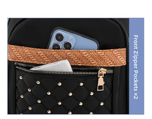 Detail of black oxford backpack with front zipper pockets and quilted rivet design